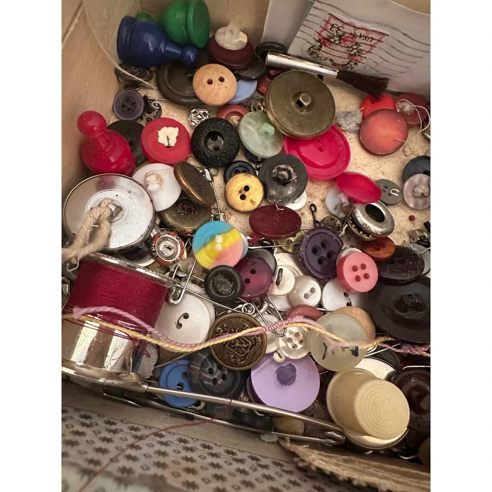 Vintage Sewing Notions Lot Buttons Needles Thimbles Mixed Multi Ornate Crest MCM